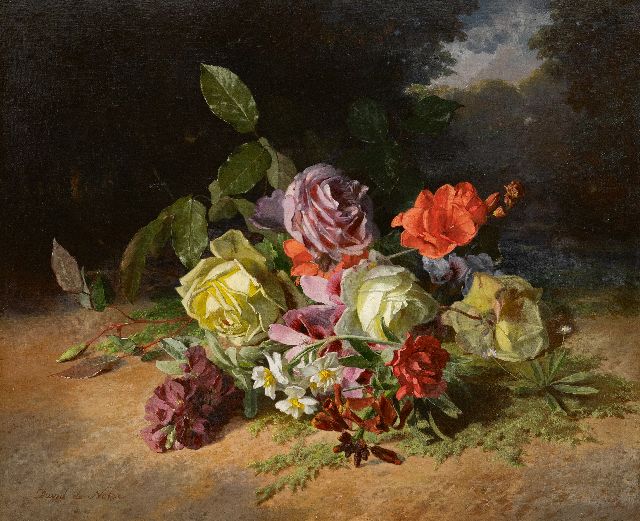Noter D.E.J. de | Rozenboeket en zomerbloemen op de bosgrond, olieverf op doek 46,3 x 55,1 cm, gesigneerd l.o. en op het spieraam