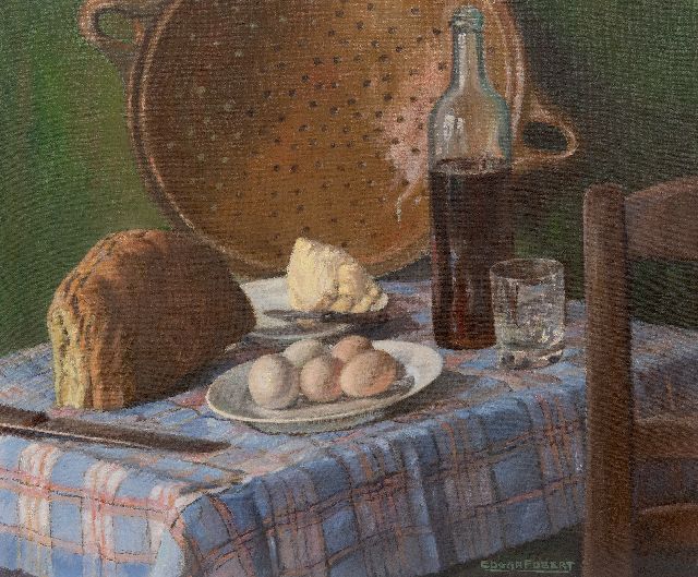 Fobert E.  | Stilleven met brood, boter en eieren, olieverf op doek 50,2 x 60,5 cm, gesigneerd r.o.