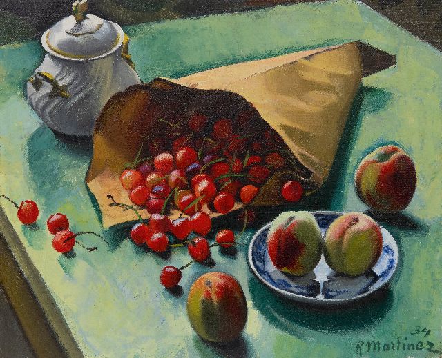Raoul Martinez | Stilleven met een zak kersen en perziken, olieverf op doek, 45,2 x 55,3 cm, gesigneerd r.o. en gedateerd '34, zonder lijst