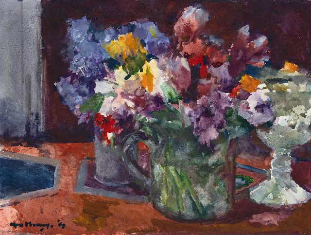 Verwey K.  | Vazen met bloemen; verso: zomerbloemen, aquarel op papier 48,8 x 63,9 cm, gesigneerd l.o. en verso ook l.o. en gedateerd '69