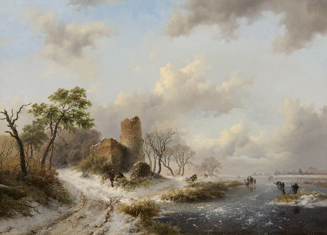 Kruseman F.M.  | Winterlandschap met schaatsers en houtsprokkelaars bij een ruïne, olieverf op paneel 58,5 x 79,2 cm, gesigneerd l.o. en gedateerd 1845