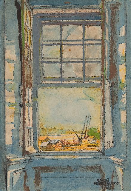 Monnickendam M.  | Uitzicht uit een raam, krijt, inkt en aquarel op papier 38,3 x 26,3 cm, gesigneerd r.o. en gedateerd 1926