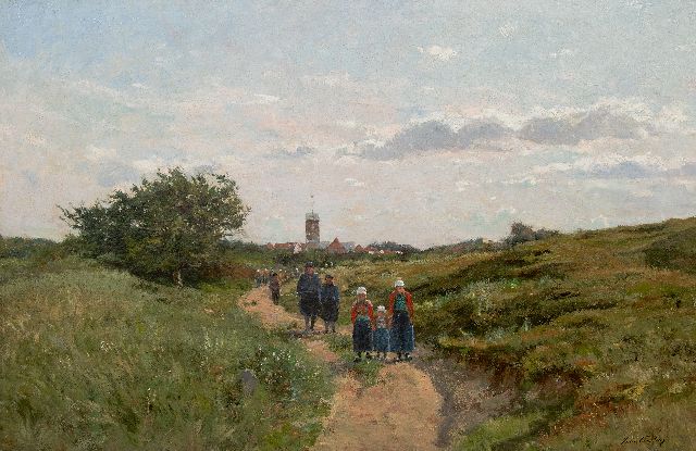Franz Courtens | Gezicht op het eiland Marken met kerkgangers op weg naar huis, olieverf op doek, 88,4 x 136,3 cm, gesigneerd r.o.
