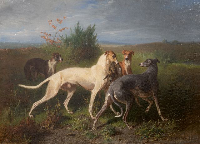 Cunaeus C.  | Jachthonden met een prooi, olieverf op doek 65,2 x 90,2 cm, gesigneerd r.o.