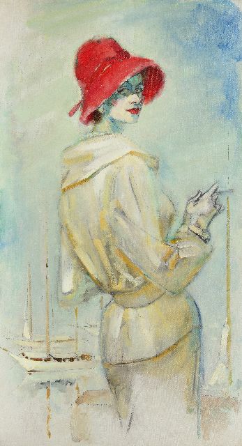 Kruizinga D.  | Modieuze vrouw met rode hoed, olieverf op doek 109,8 x 60,3 cm