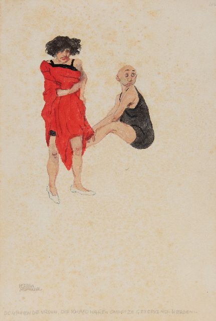 Moerkerk H.A.J.M.  | De man en de vrouw, die kwaad waren omdat ze getekend werden.., potlood en aquarel op papier 25,6 x 17,1 cm, gesigneerd l.o.