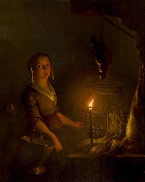 Schendel P. van | Dienstmeisje bij een poelierstal, olieverf op paneel 39,8 x 32,7 cm, te dateren ca. 1845-1850
