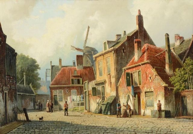 Koekkoek W.  | Hollands dorpsstraatje met molen, olieverf op doek 37,6 x 54,4 cm