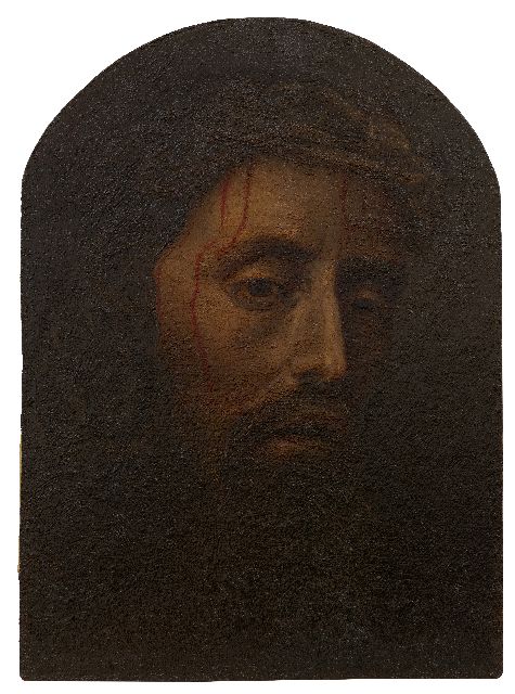 Schouten J.H.  | Hoofd van Lijdende Christus met Doornenkroon, olieverf op board op paneel 45,5 x 33,1 cm