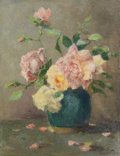 Pieters E.  | Gemberpot met rozen, olieverf op paneel 40,9 x 31,7 cm, gesigneerd r.o.