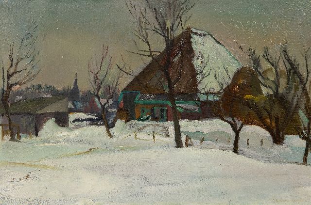 Kuijten H.J.  | Boerderij in de sneeuw (vermoedelijk Groet), olieverf op doek 40,0 x 60,2 cm, gesigneerd r.o. en op spieraam gedateerd 1942