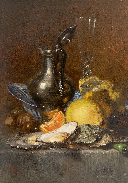 Vos M.  | Stilleven met oesters, citroenen en zilveren kan, olieverf op paneel 38,6 x 27,6 cm, gesigneerd l.o. en gedateerd 1880