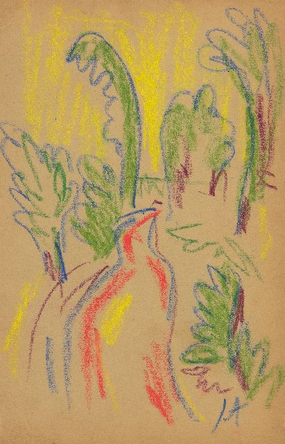 Jan Altink | Landschap met rode weg, krijt op papier, 17,4 x 11,3 cm, gesigneerd r.o. met initialen