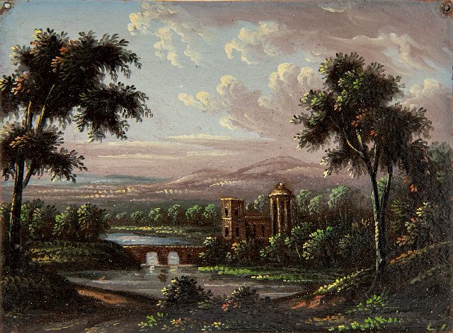 Italiaanse School, 18e eeuw   | Italianiserend landschap, olieverf op koper 7,0 x 9,0 cm
