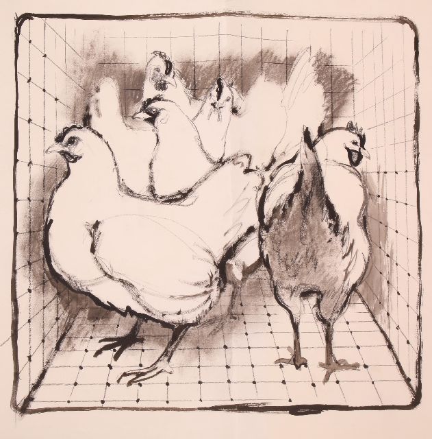 Poortvliet R.  | Kippen in een ren, houtskool en inkt op papier 49,4 x 64,8 cm
