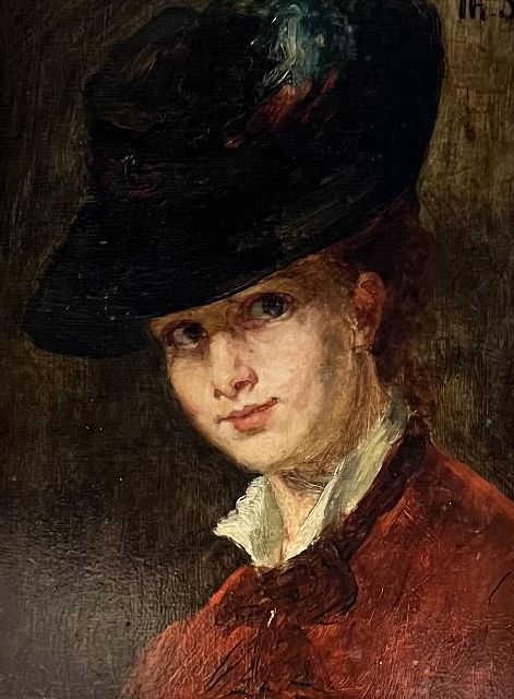 Schwartze T.  | Portret van Lizzy Ansingh met hoed, olieverf op paneel 24,0 x 17,9 cm, gesigneerd r.b. met initialen