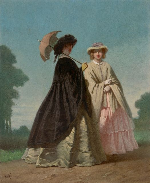 Hoevenaar W.P.  | Twee elegante vrouwen tijdens een wandeling, olieverf op paneel 31,3 x 25,5 cm, gesigneerd l.o. met monogram