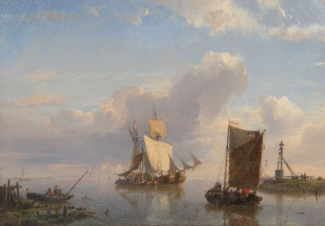 Koekkoek H.  | Zeilschepen en vissers bij een havenhoofd, olieverf op doek 38,3 x 54,5 cm, gesigneerd l.o. en gedateerd 1858