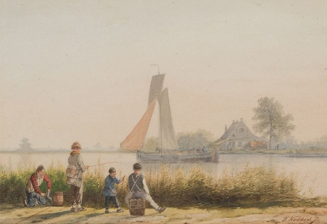 Koekkoek jr. H.  | Vissende kinderen langs een rivieroever, aquarel op papier 22,0 x 32,0 cm, gesigneerd r.o.