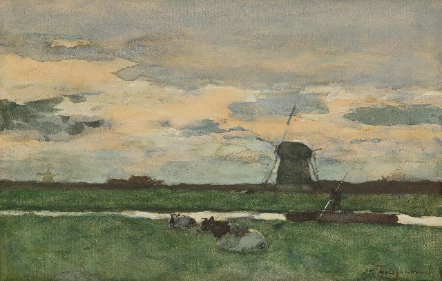 Weissenbruch H.J.  | Polderlandschap met molen en pramende boer, aquarel op papier 29,7 x 46,0 cm, gesigneerd r.o.