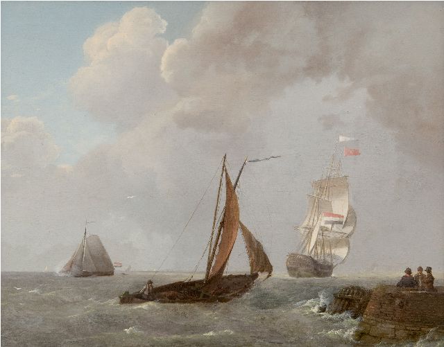 Koekkoek J.  | Laverende zeilschepen in de Zeeuwse wateren, olieverf op paneel 30,0 x 38,9 cm, gesigneerd r.o. en gedateerd 1829