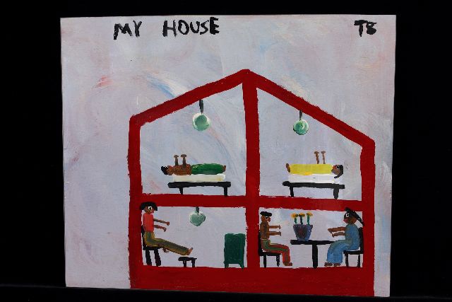 Tim Brown | My house, acryl op paneel, 40,0 x 49,0 cm, gesigneerd r.b. met initialen