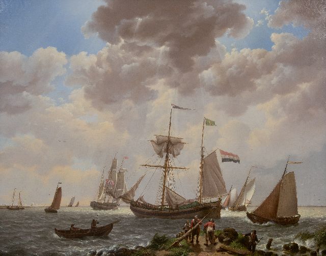 Koekkoek J.H.  | Laverende schepen voor de kust, olieverf op doek 57,3 x 72,0 cm, gesigneerd r.o. en gedateerd 1831
