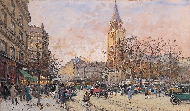 Eugène Galien-Laloue | Boulevard Saint-Germain, Parijs, aquarel en gouache op papier, 27,0 x 46,0 cm, gesigneerd l.o.