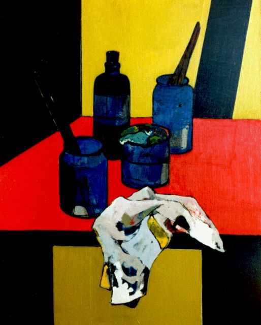 Jan Kagie | Verfpotjes met penselen, olieverf op doek, 100,0 x 80,1 cm, gesigneerd r.o.