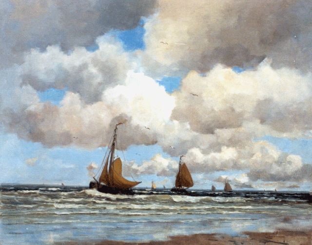 Kees van Waning | Thuiskomst van de vissersvloot, olieverf op doek, 78,0 x 98,0 cm, gesigneerd r.o.