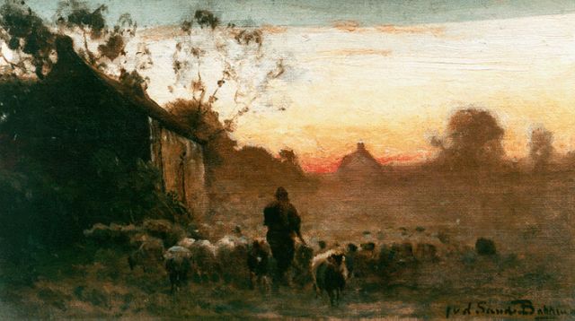 Sande Bakhuyzen J.J. van de | Herder met kudde op weg naar de kooi, olieverf op doek op paneel 22,2 x 38,3 cm, gesigneerd r.o.