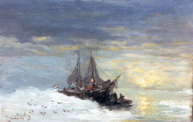 Louis Apol | Schepen bij Spitsbergen, olieverf op doek op board, 30,5 x 47,5 cm, gesigneerd l.o.