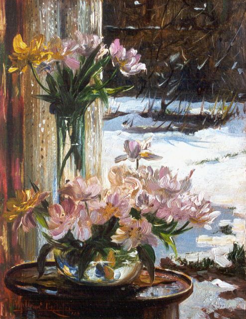 Roelofs jr. W.E.  | Bloemstilleven in de winter, olieverf op schildersboard 24,0 x 18,5 cm, gesigneerd l.o. en gedateerd '16