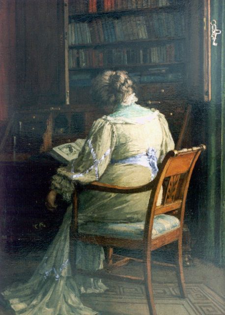 Bogaerts J.J.M.  | Lezende vrouw in bibliotheek, olieverf op doek 45,4 x 32,6 cm, gesigneerd r.o. en gedateerd 1907