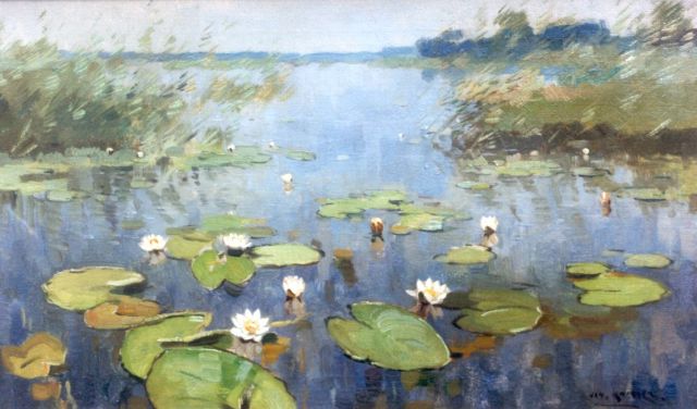 Jan Knikker sr. | Waterlelies, olieverf op doek, 30,4 x 50,4 cm, gesigneerd r.o.