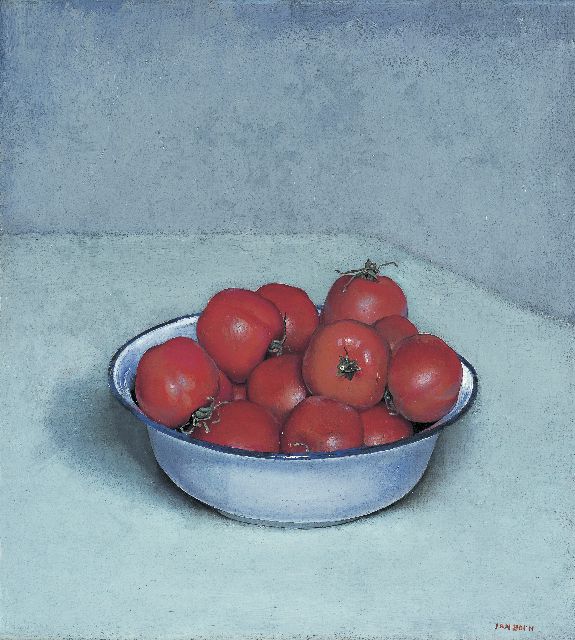 Boon J.  | Stilleven met tomaten in een emaille schaal, olieverf op doek 41,1 x 37,3 cm, gesigneerd r.o.