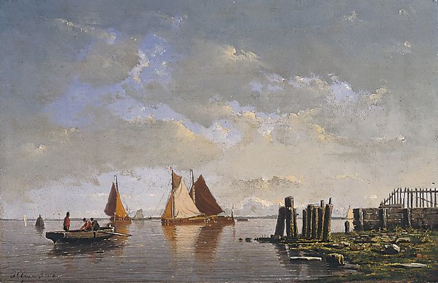 Greive J.C.  | Zeegezicht met aken en een roeiboot, olieverf op paneel 22,0 x 33,4 cm, gesigneerd l.o. en gedateerd 1856