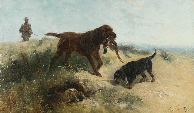 Schouten H.  | Jager met honden in de duinen, olieverf op doek 43,0 x 72,9 cm, gesigneerd r.o.