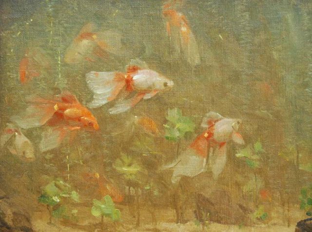 Gerrit Willem Dijsselhof | Sluierstaartvissen, olieverf op doek, 18,7 x 24,3 cm, gesigneerd l.o. met monogram