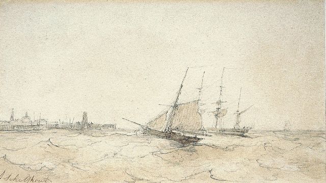 Andreas Schelfhout | Schepen bij een havenhoofd, potlood, pen en sepia op papier, 13,5 x 22,5 cm, gesigneerd l.o.