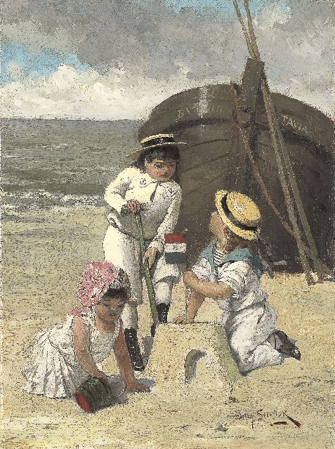 Steelink jr. W.  | Spelende kinderen met een zandkasteel, olieverf op doek 28,3 x 20,9 cm, gesigneerd r.o.
