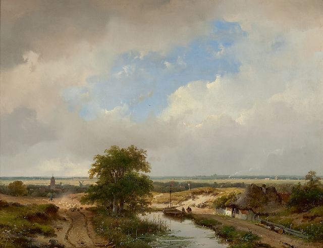 Schelfhout A.  | Duinlandschap met zicht op Haarlem en een stoomtrein aan de horizon, olieverf op paneel 31,6 x 41,1 cm, gesigneerd r.o. en gedateerd 1847