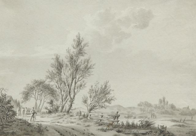 Koekkoek B.C.  | Zomers landschap met reizigers en veehoeders, pen en gewassen inkt op papier 14,0 x 19,9 cm, gesigneerd r.v.h.m.