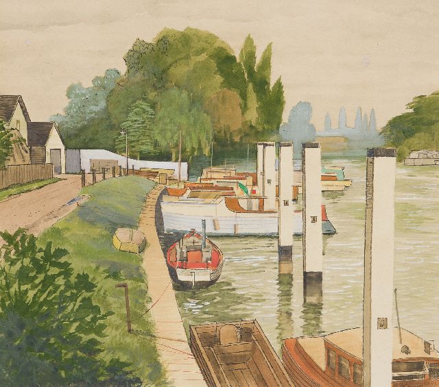 Robert Trenaman Back | Het 'Shepperton Lock' in de Thames, aquarel op board, 35,4 x 39,9 cm, gesigneerd r.o.