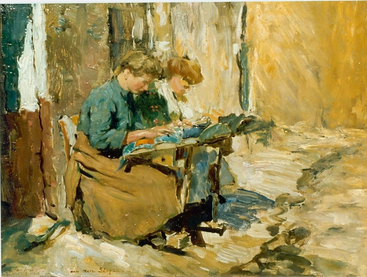 Anrooy J.A.M. van | 'Jan' Adriaan Marie van Anrooy, Making bobbin lace 'Dentellieres', oil on panel 26.0 x 35.5 cm, signed l.l.