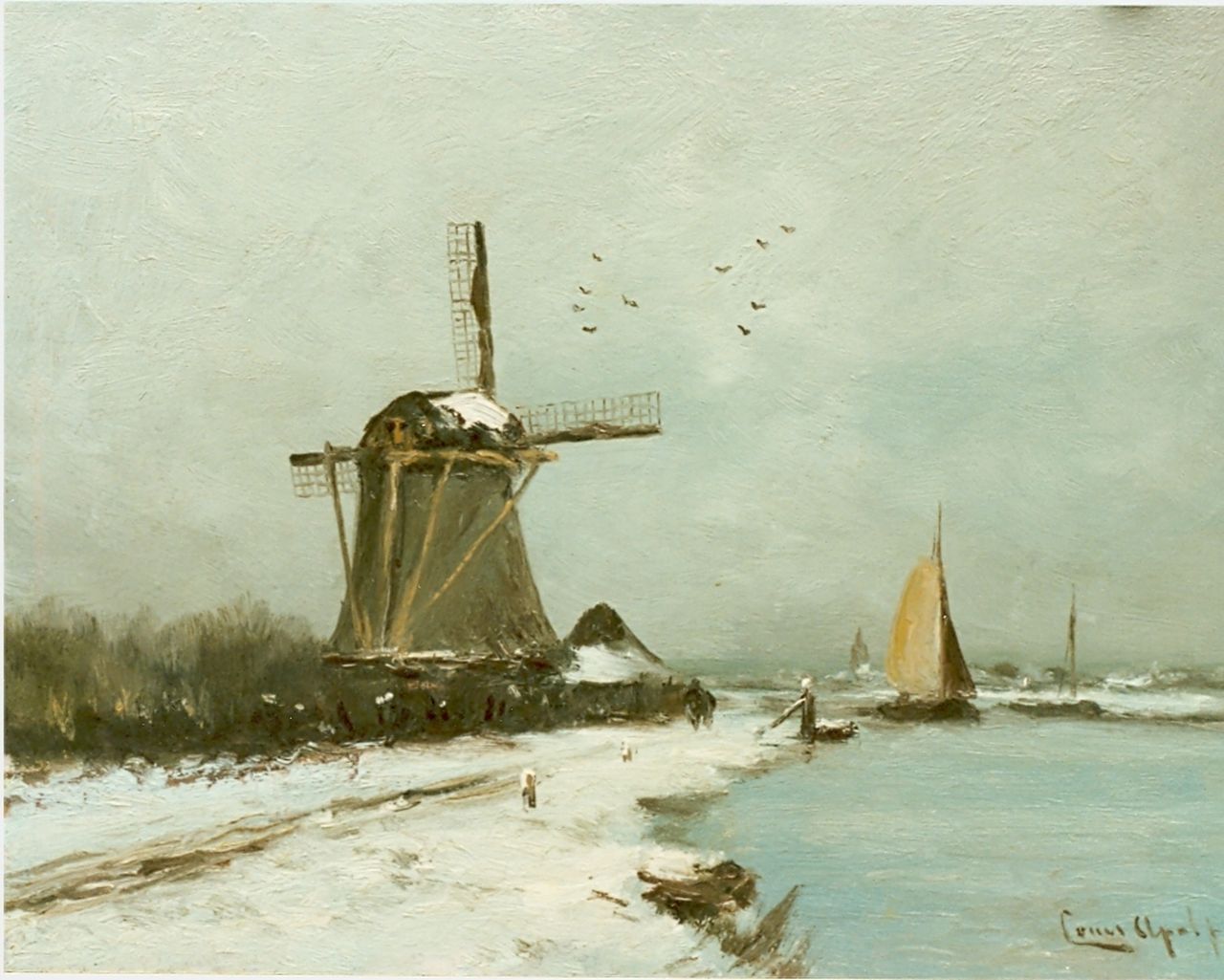 Apol L.F.H.  | Lodewijk Franciscus Hendrik 'Louis' Apol, A snow-covered polder landscape, oil on panel 27.7 x 36.1 cm, signed l.r.