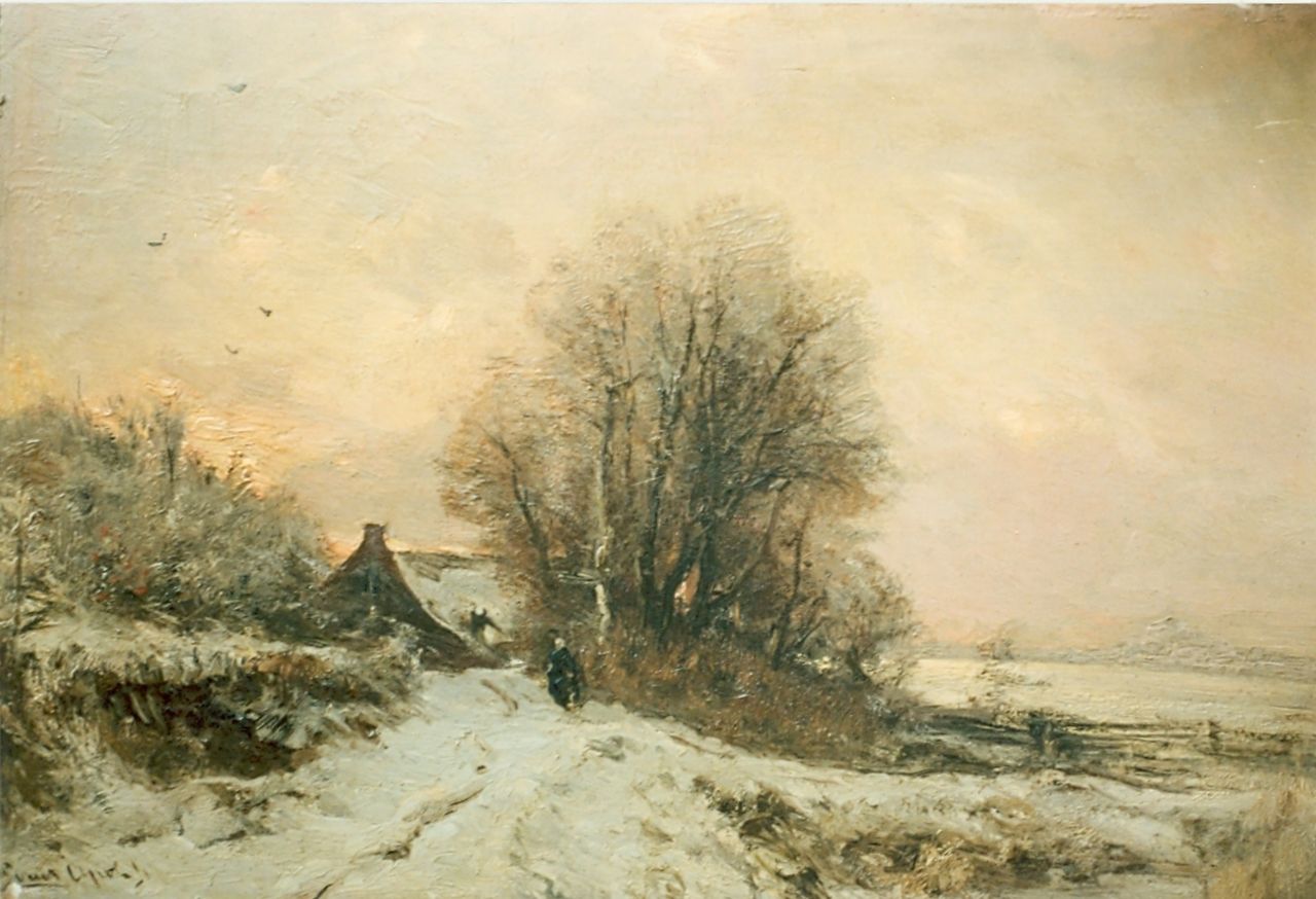 Apol L.F.H.  | Lodewijk Franciscus Hendrik 'Louis' Apol, A snow-covered landscape, oil on panel 80.5 x 43.5 cm, signed l.l.