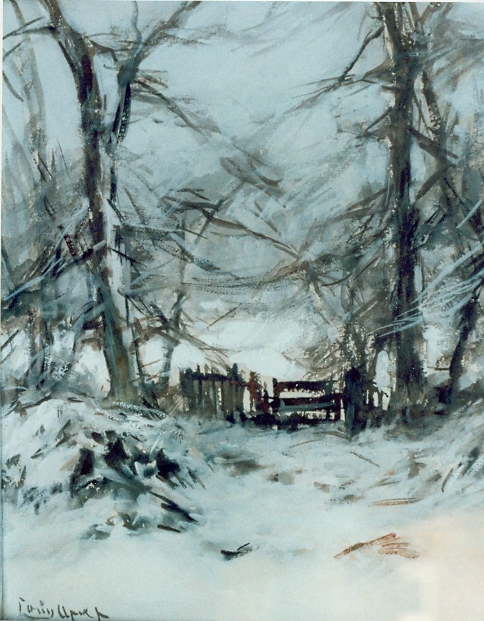 Apol L.F.H.  | Lodewijk Franciscus Hendrik 'Louis' Apol, A snow-covered landscape, watercolour on paper