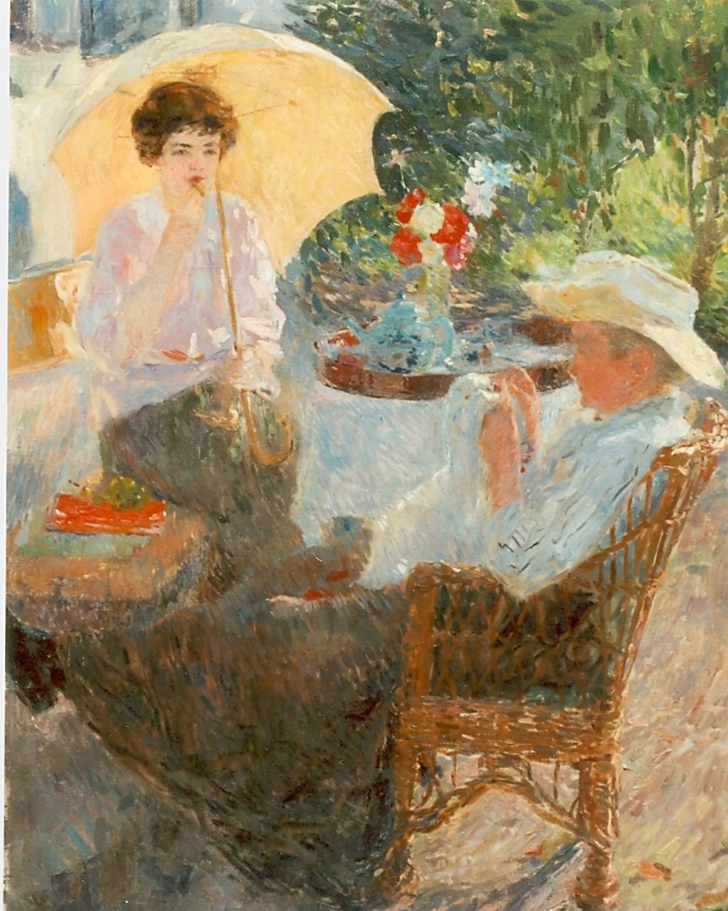 Godfrinon E.J.J.  | Ernest Jean Joseph Godfrinon, Two ladies in a garden in summer, oil on canvas 98.7 x 76.5 cm, signed l.l.