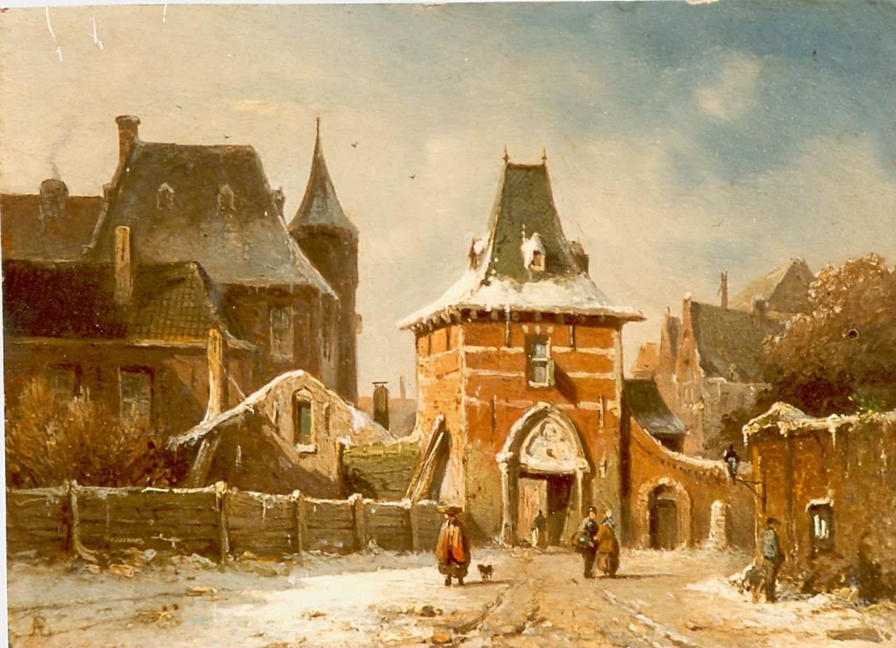 Eversen A.  | Adrianus Eversen, A town gate in the snow, oil on panel 14.9 x 20.5 cm, signed l.l.